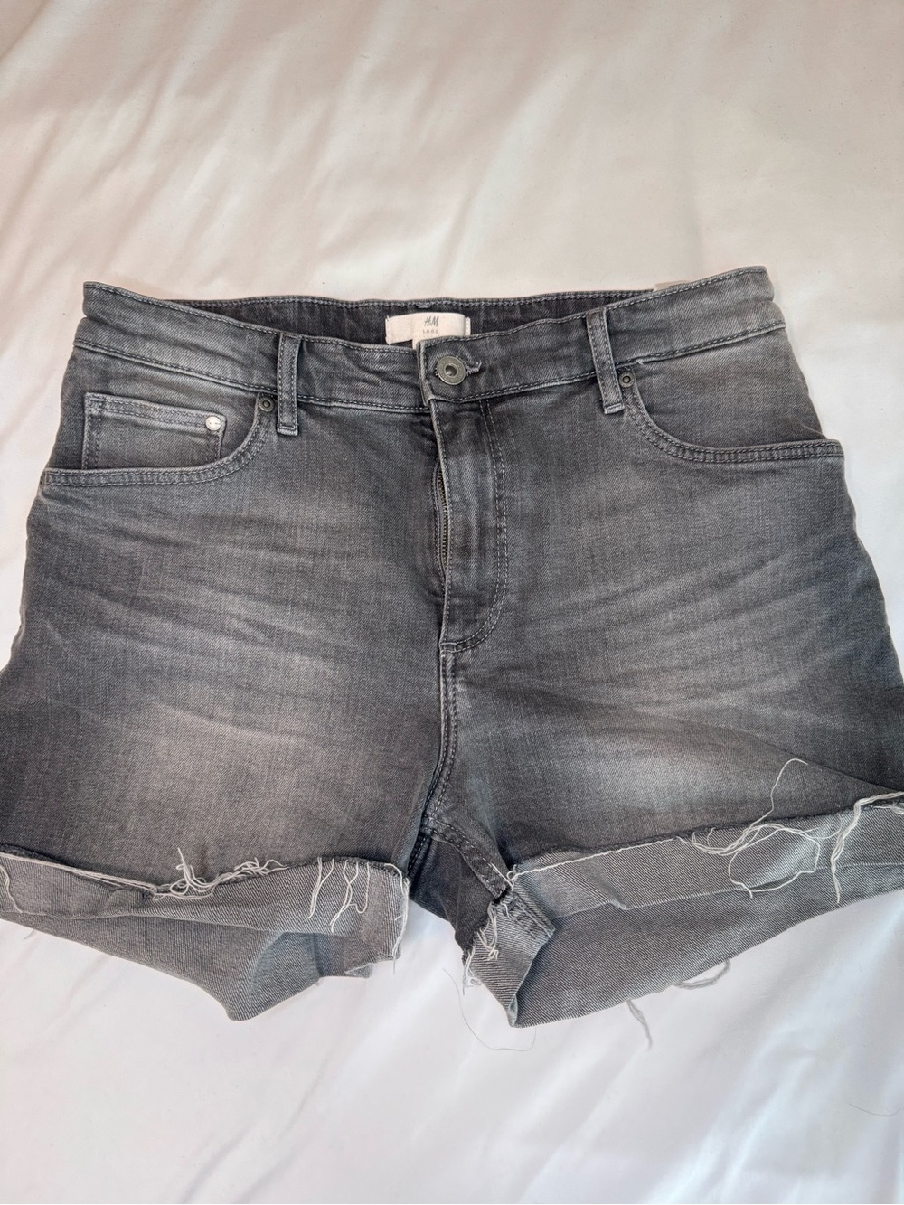 H&M Washed Gray Distressed Denim Shorts